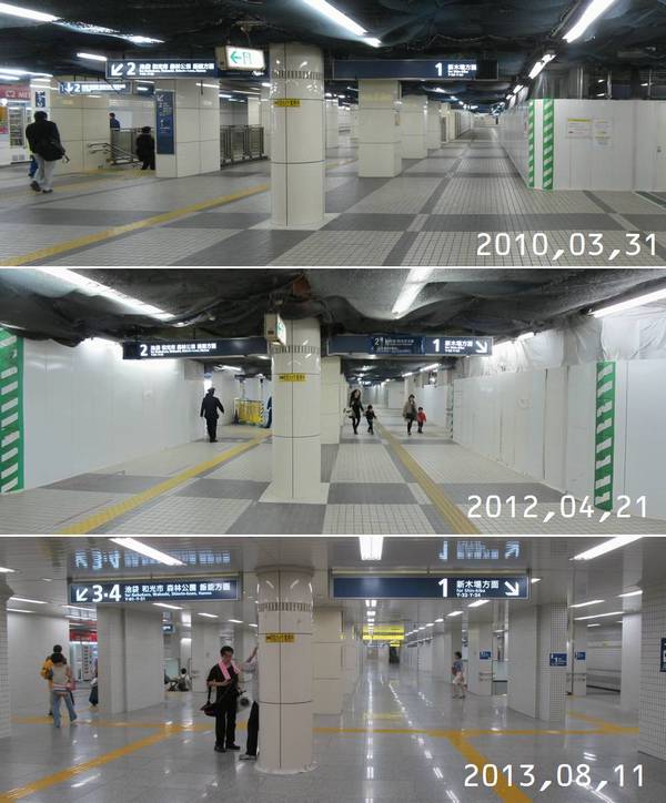 豊洲駅前交差点改札口をはいって地下2階に下りた地点の工事前中後比較。両側に見える階段は柱1スパン分奥に移設された。